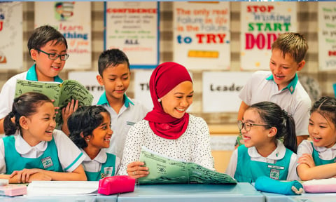 Malay Teacher in Red Tudung Teaching Group of 7 Primary School Students in Uniform (480x288px)
