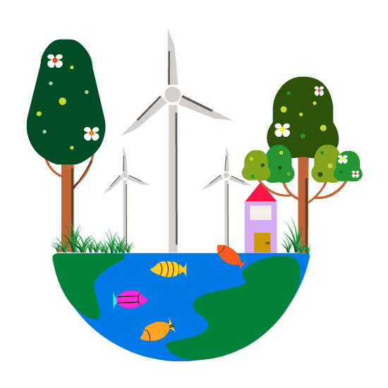 An icon of a semicircle earth with trees, flowers, fishes, a house, grasses and 3 wind turbines with blades rotating in a circular motion on top.