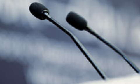 Pair of speaker microphones at a Nanyang Business School seminar