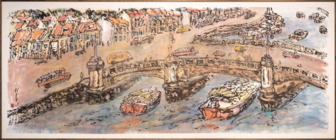 Ink and colour painting by Lim Tze Peng depicting a historical scene of the Singapore River
