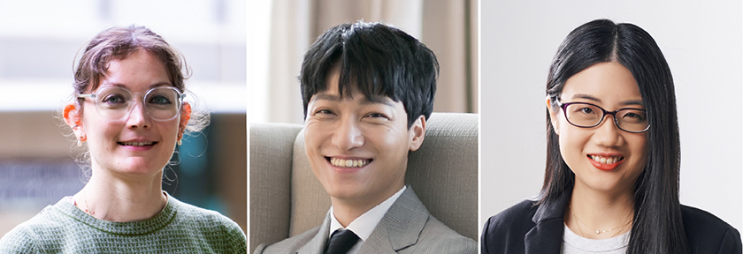 Headshots of Assoc Prof Hortense Le Ferrand, Assoc Prof Hyeokkoo Eric Kwon and Nanyang Asst Prof Leow Wan Ru