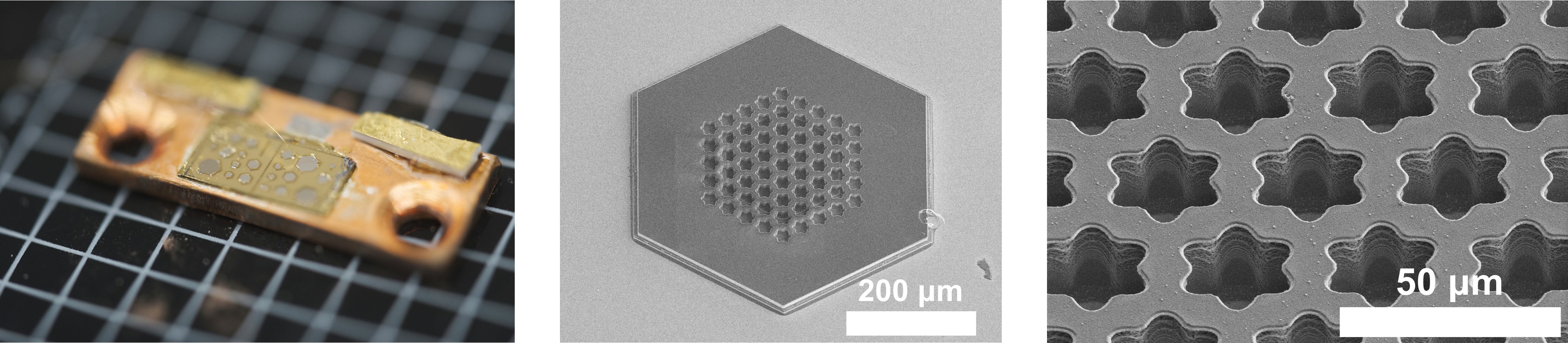 Left: The chip with the hexagon-shaped laser cavities. Centre: the periodic arrangement of daisy-shaped airholes in the laser cavity reduces light loss by leakage and scattering. Right: Close-up view of the holes. 