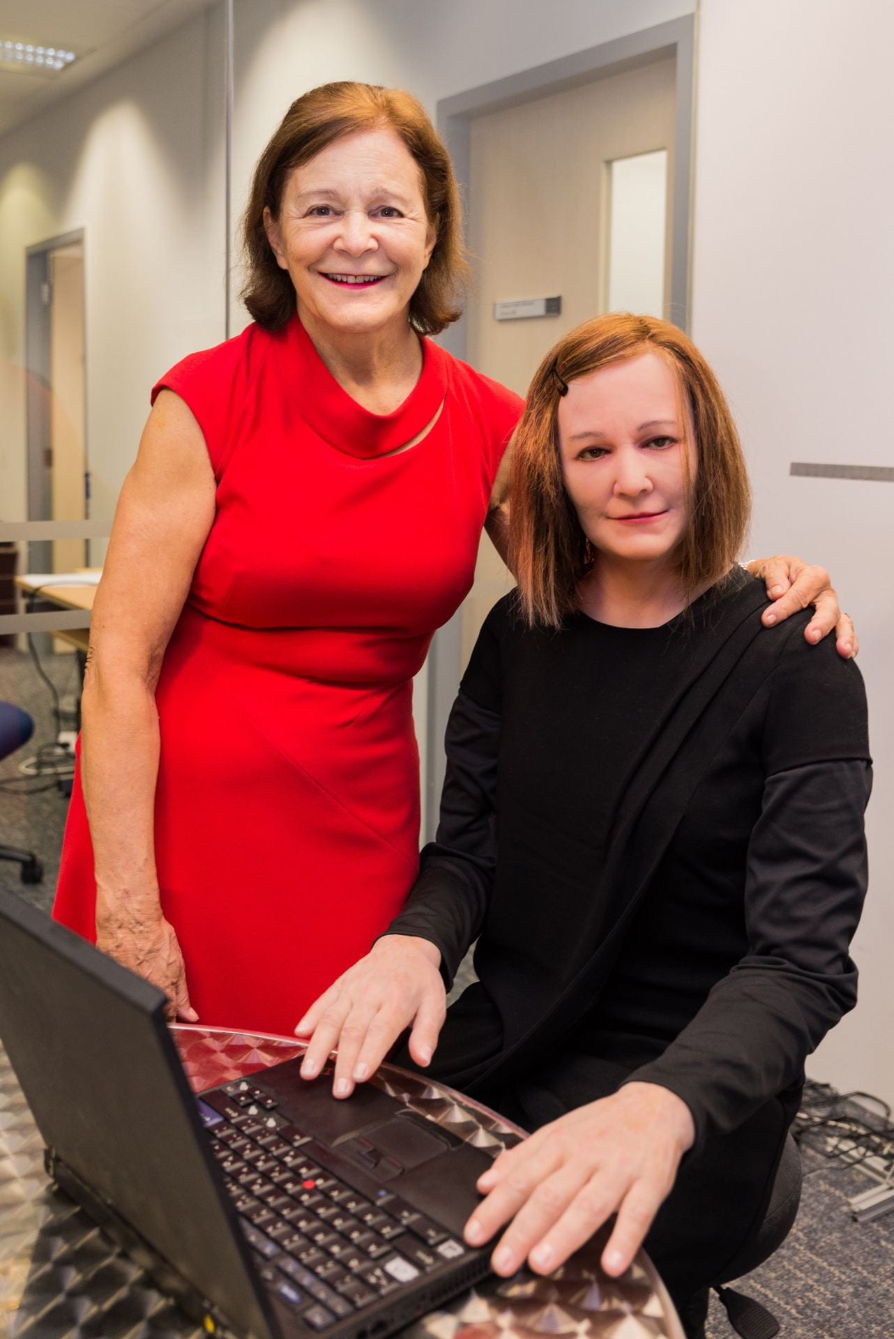 Prof Nadia Magnenat Thalmann with humanoid receptionist Nadine