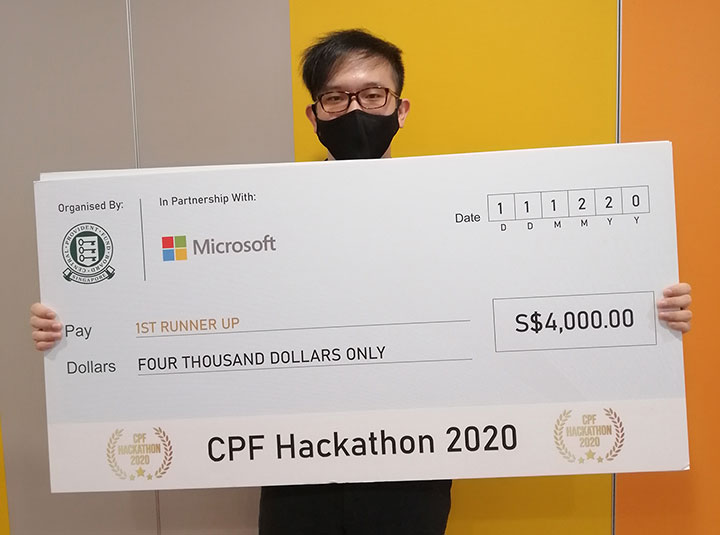 Photo of Liew Yu Sheng (BCG, Year 3) won the CPF Hackathon 2020.