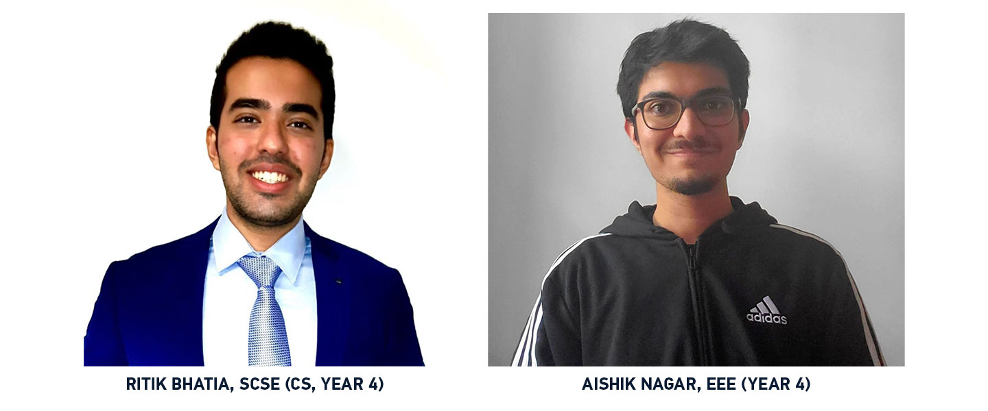 Passport size photo of Awardees - Ritik Bhatia, SCSE (CS, Year 4) and Aishik Nagar, EEE (Year 4).