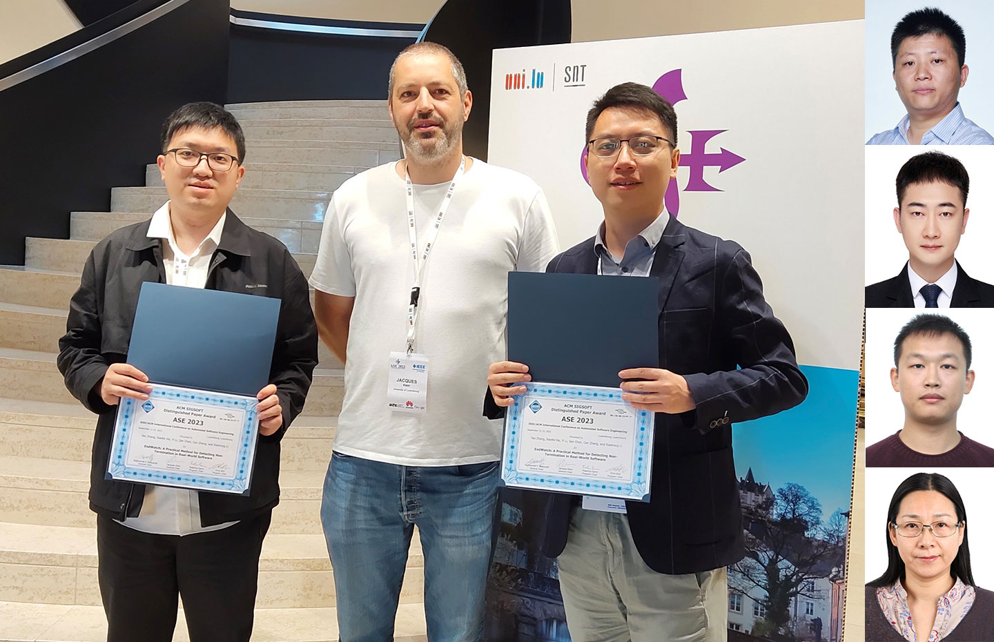 Main photo of two researchers holding cert standing between a presenter. Inset photo on the right are 4 awardees researchers.
