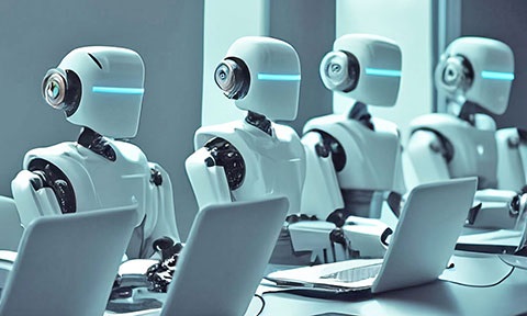 Image of 6 robots in a row, sitting infront of a long table with laptop.