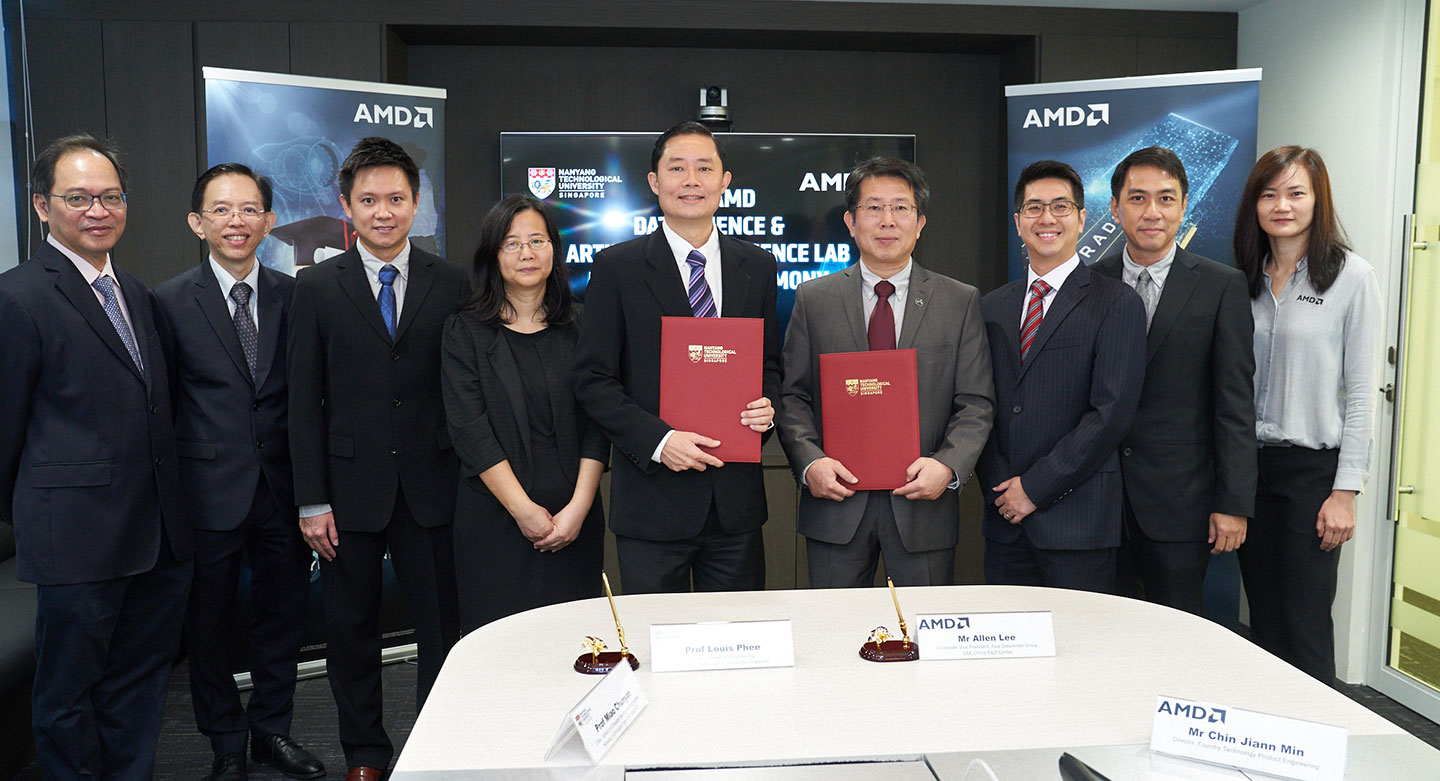 Present at the signing ceremony were A/P Francis Lee (Co-PI), A/P Nicholas Vun (PI), Prof Miao Chun Yan, NTU SCSE Chair, Prof Louis Phee, NTU CoE Dean and Allen Lee, Corporate Vice President for Asia Datacenter Group, GM for China R&D Center, AMD.