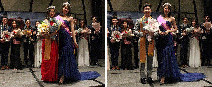 Miss Singapore International 2019, Ms Charlotte Lucille Chia presented the pageant title to SCSE Queen – Joey Lim Soo Yee, (DSAI, Year 1; left) and SCSE King –Seow Jing Hng Aloysius, (CS, Year 1; right).