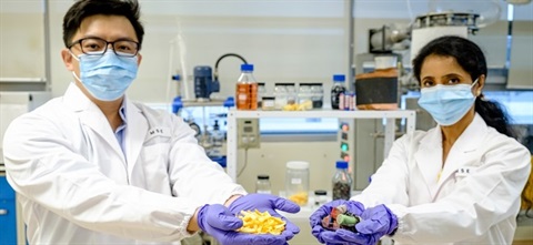 Prof Madhavi and Dalton holding e-waste and orange peels
