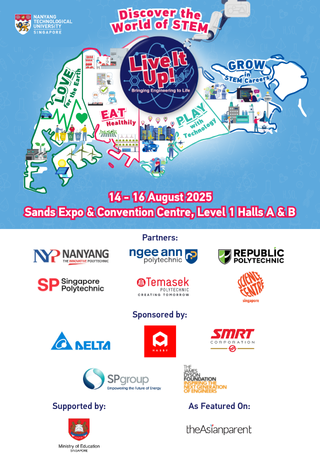Live It Up! - Bringing Engineering to Life banner with Singapore map, focusing on four main themes "EAT", "PLAY", LOVE", and "GROW" to represents how Engineering plays a part in our daily lives.