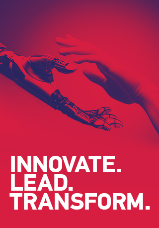 Robotic hand about to shake a real hand, with the words: Innovate, Lead, and Transform