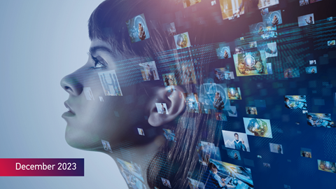 Social media icons encircle a woman's head with the text December 2023 on the image