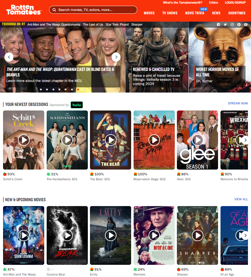 Rotten Tomatoes website with ratings of movies