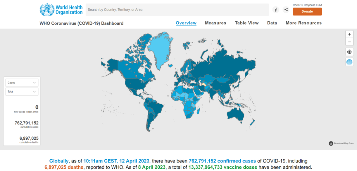 Screenshot of covid-19 cases and deaths as of April 2023 on World Health Organization website