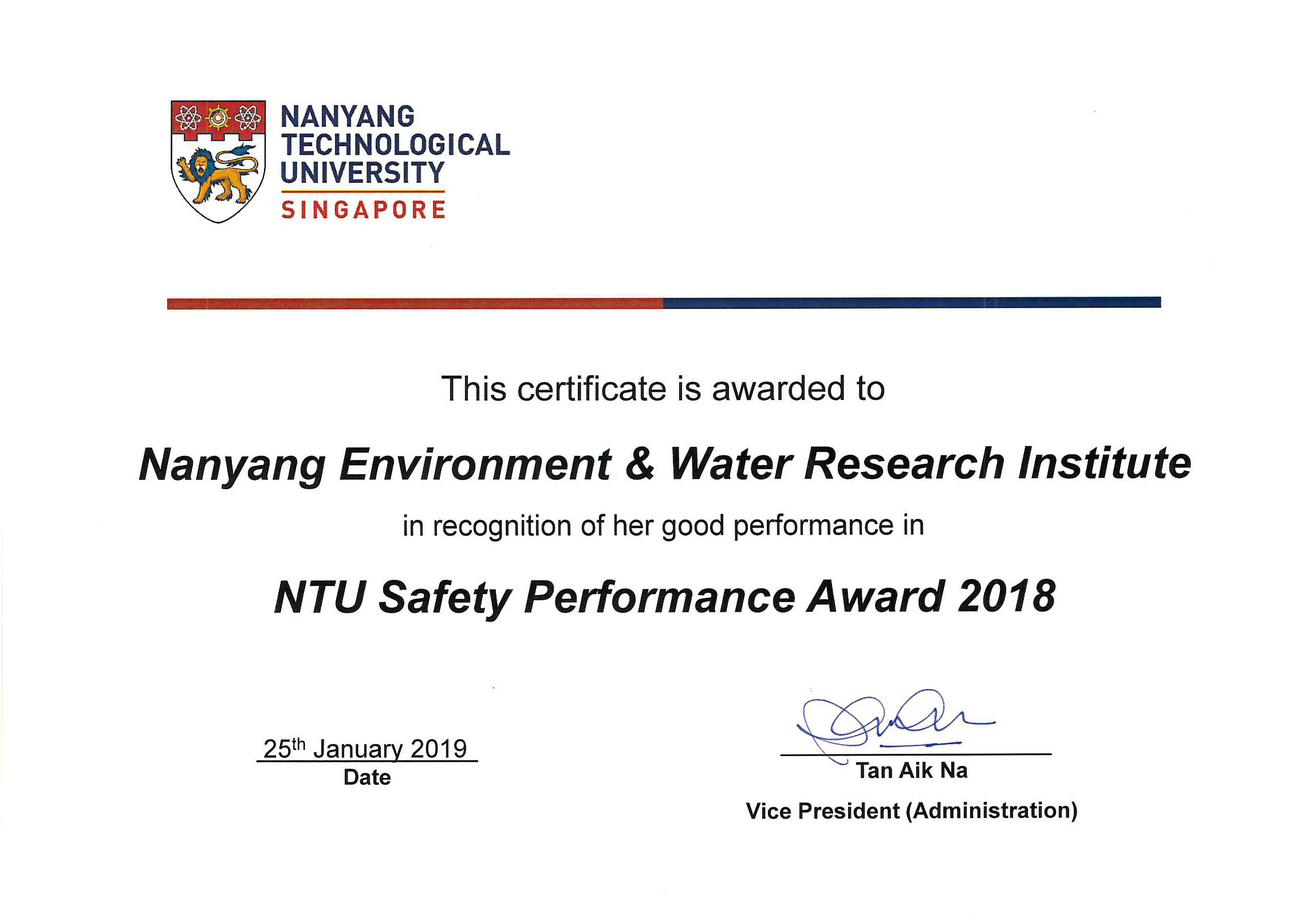 NTU Safety Performance award 2018