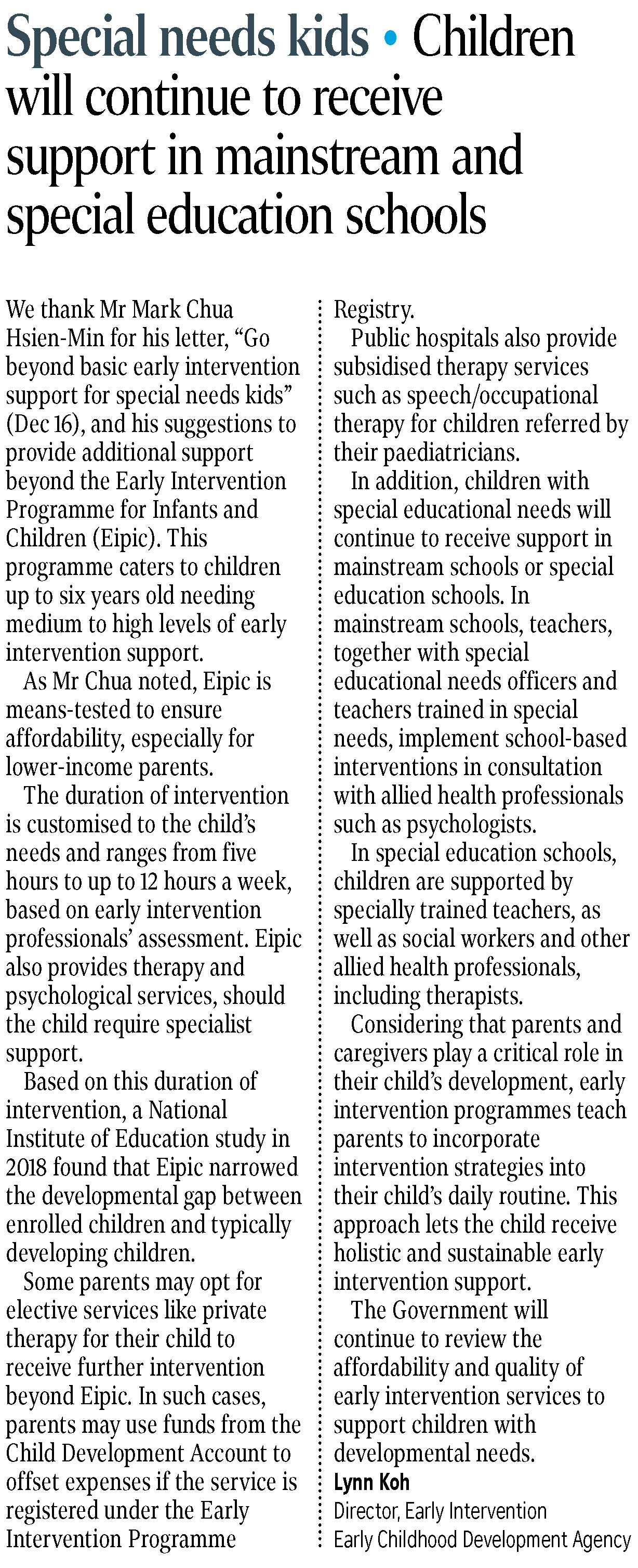 Forum Special needs kids will continue to receive support in