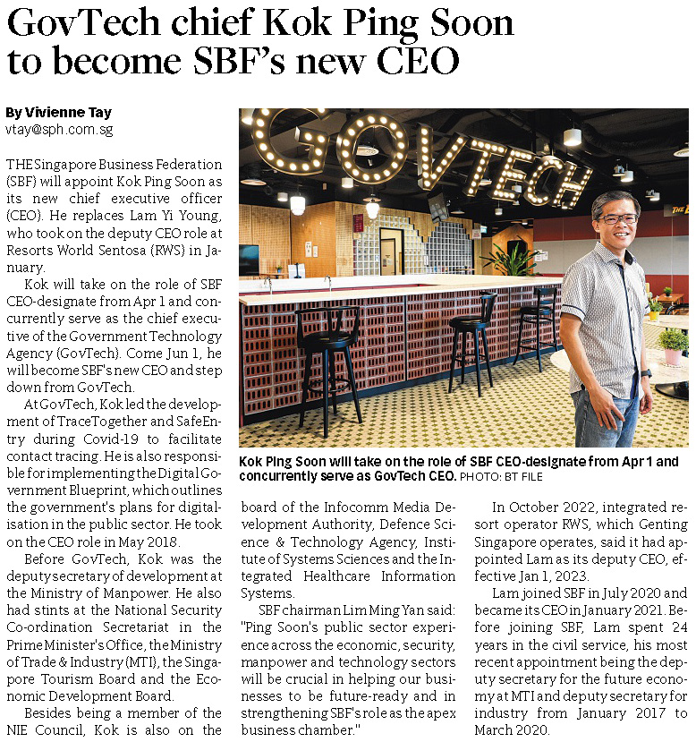 20230331 GovTech chief Kok Ping Soon to become SBF’s new CEO