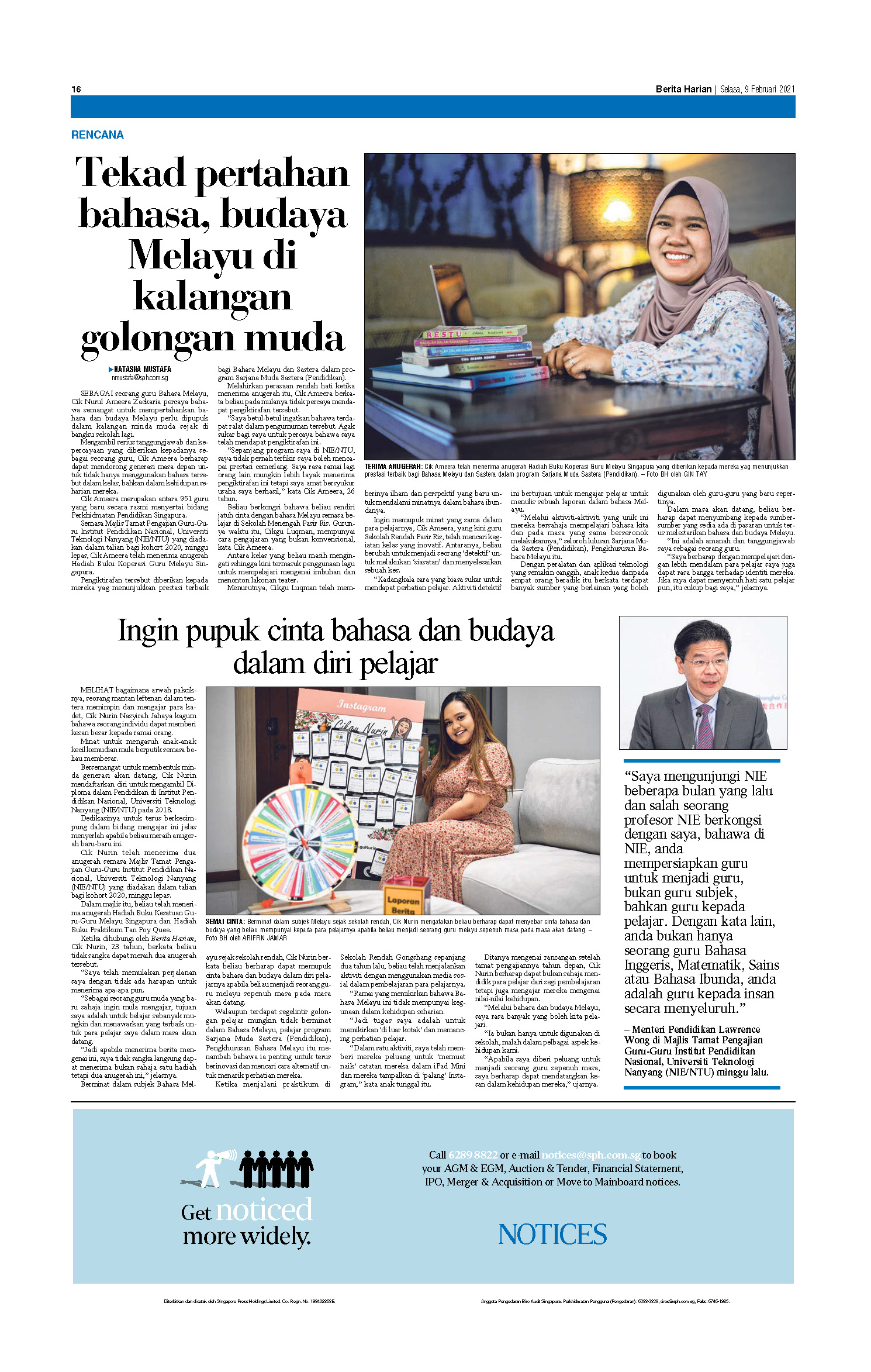 Berita Harian 9 Feb 2021_TIC graduands class of 2021 Ameera Nurin Pg 16)