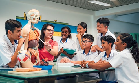 Anatomy Of The Human Body On A Biology Science Model Discussed By Science Teacher And A Group Of 7 Secondary School Students (720x432px)