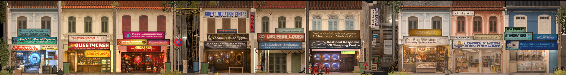 Front view of nine shophouses side by side