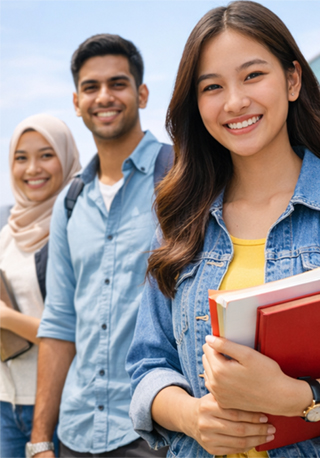 Diverse university students on campus, representing academic opportunity and student life.