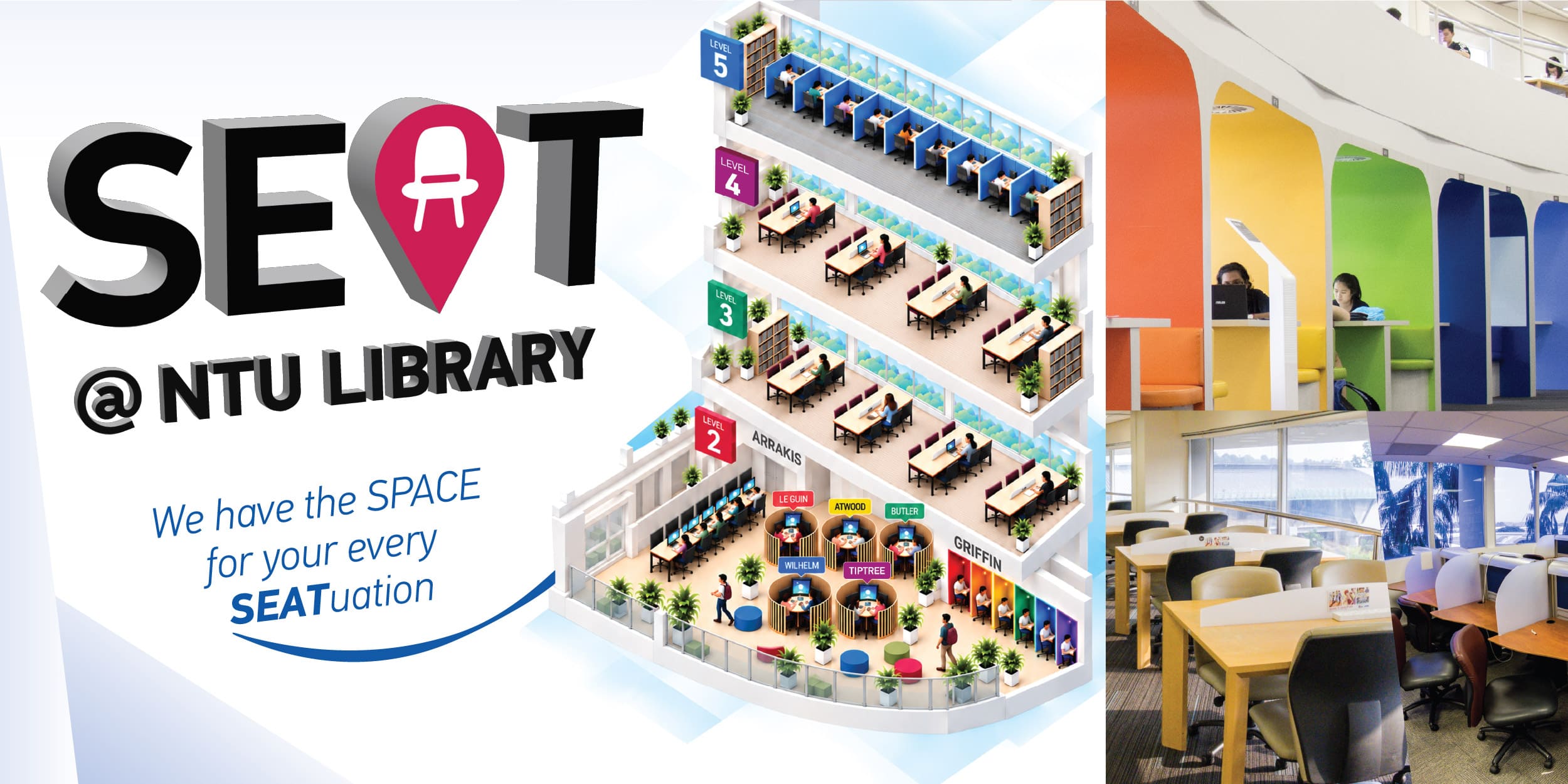 Banner for SEAT @ NTU Library, a seat booking initiative at Lee Wee Nam Library.