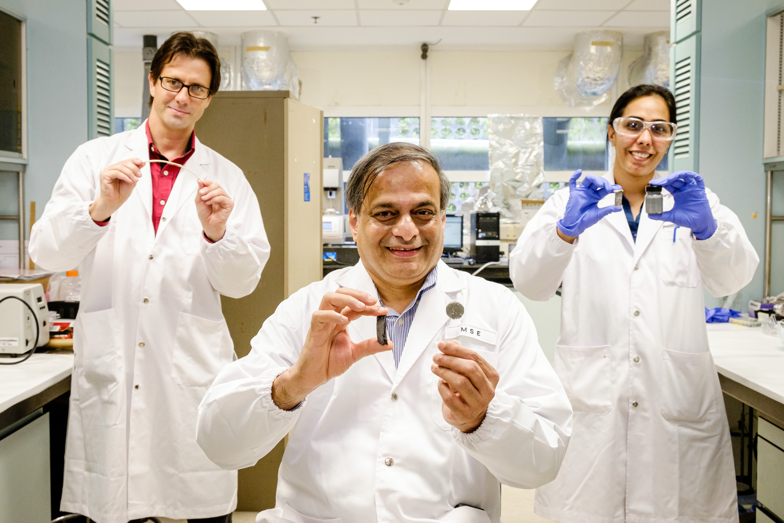 Assoc Prof Steele, Prof Raju and Dr Richa showing samples of the glue.