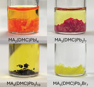 Photo of four colour-changing perovskites created by NTU scientists