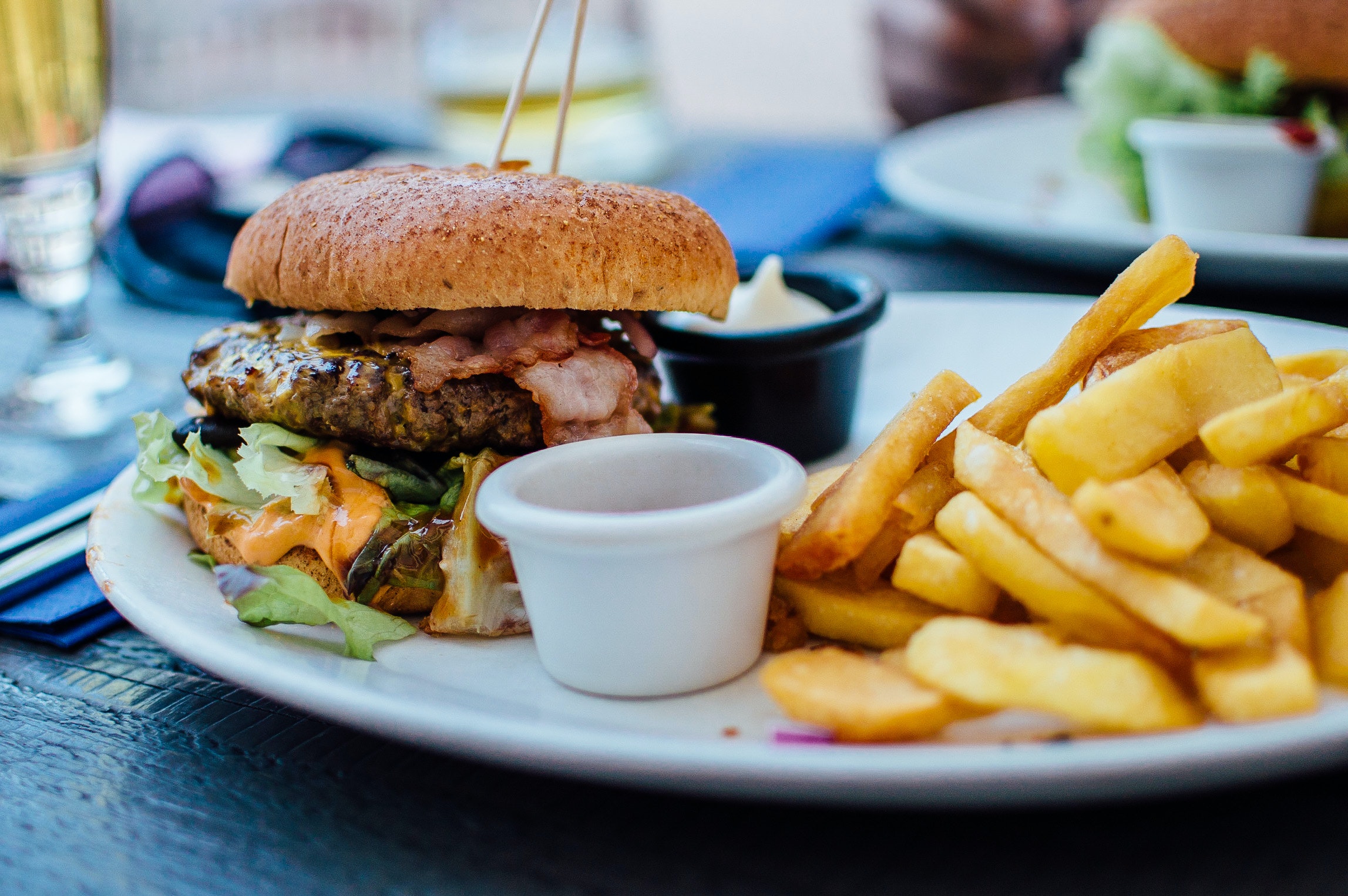 Burger and fries on a plate