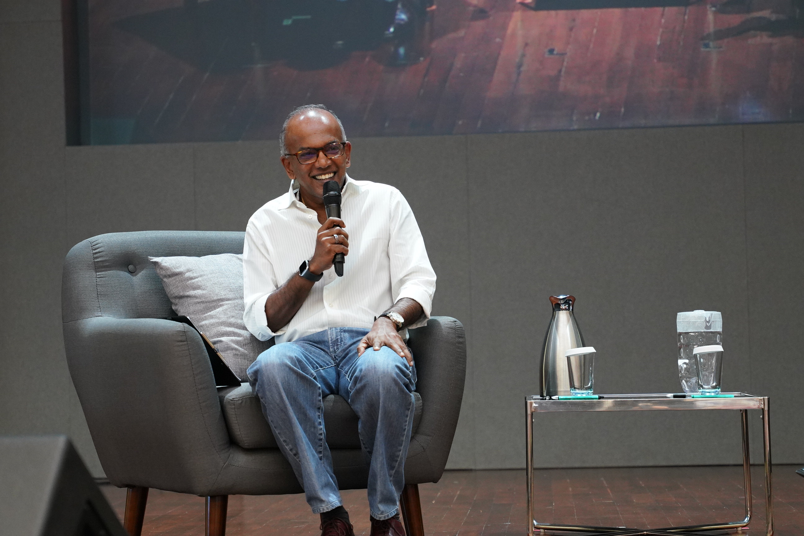 Home Affairs and Law Minister K Shanmugam at a dialogue session with students from the Nanyang Technological University
