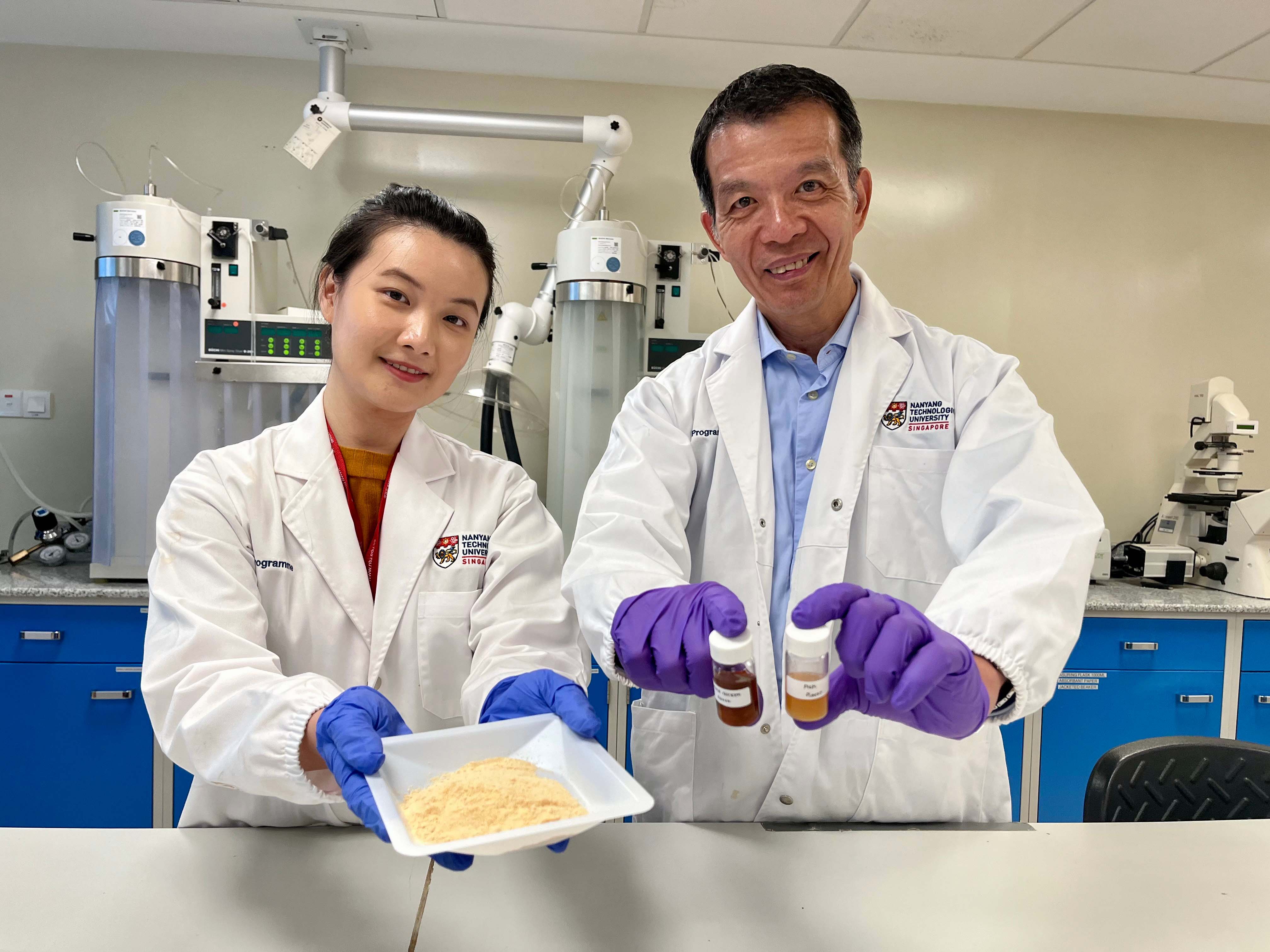 Director of NTU’s Food Science and Technology Programme (FST) Professor William Chen, with FST Project Officer Ms Amanda Voo Ying Hui, presenting the new food flavour additives.