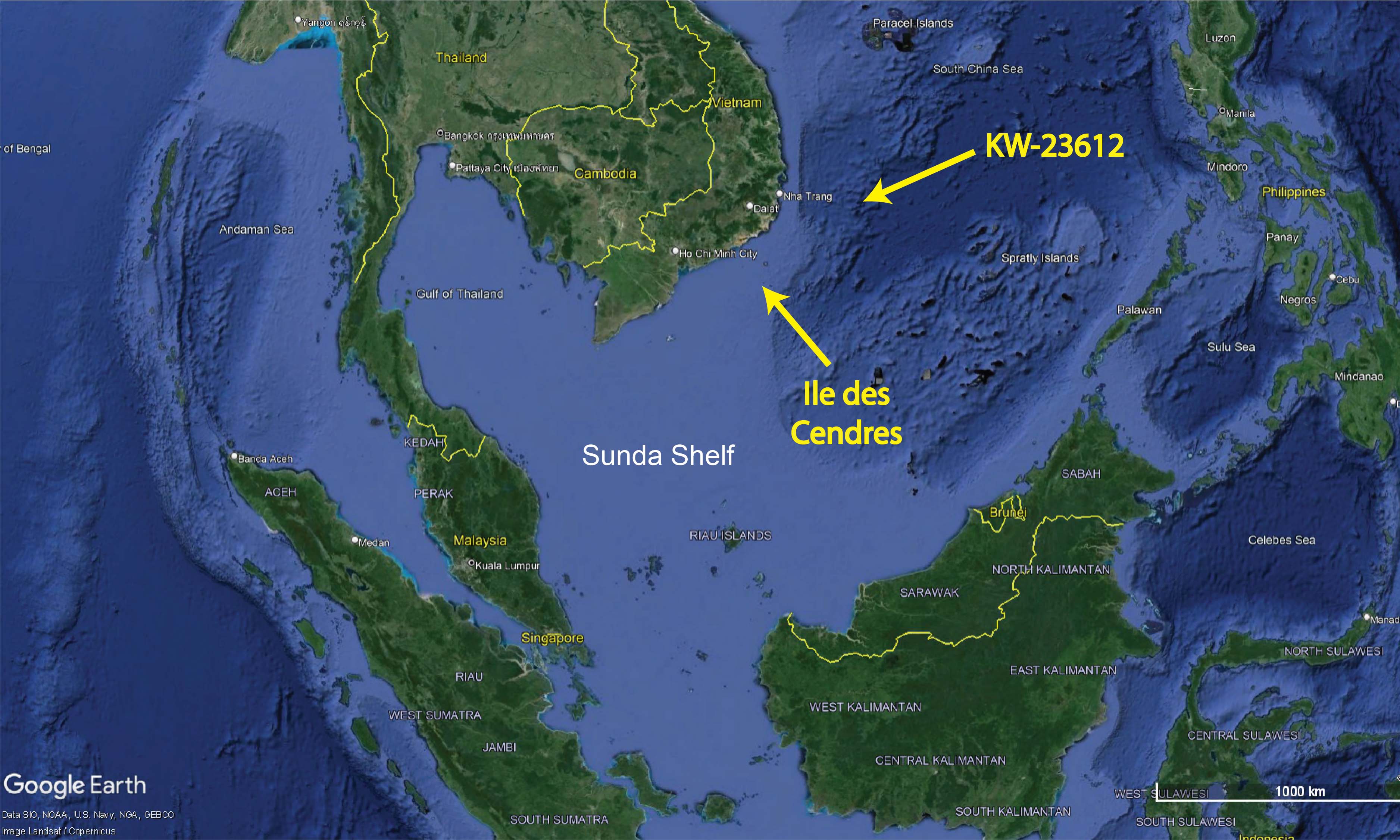 Google Earth-generated images of undersea volcanoes near Singapore.