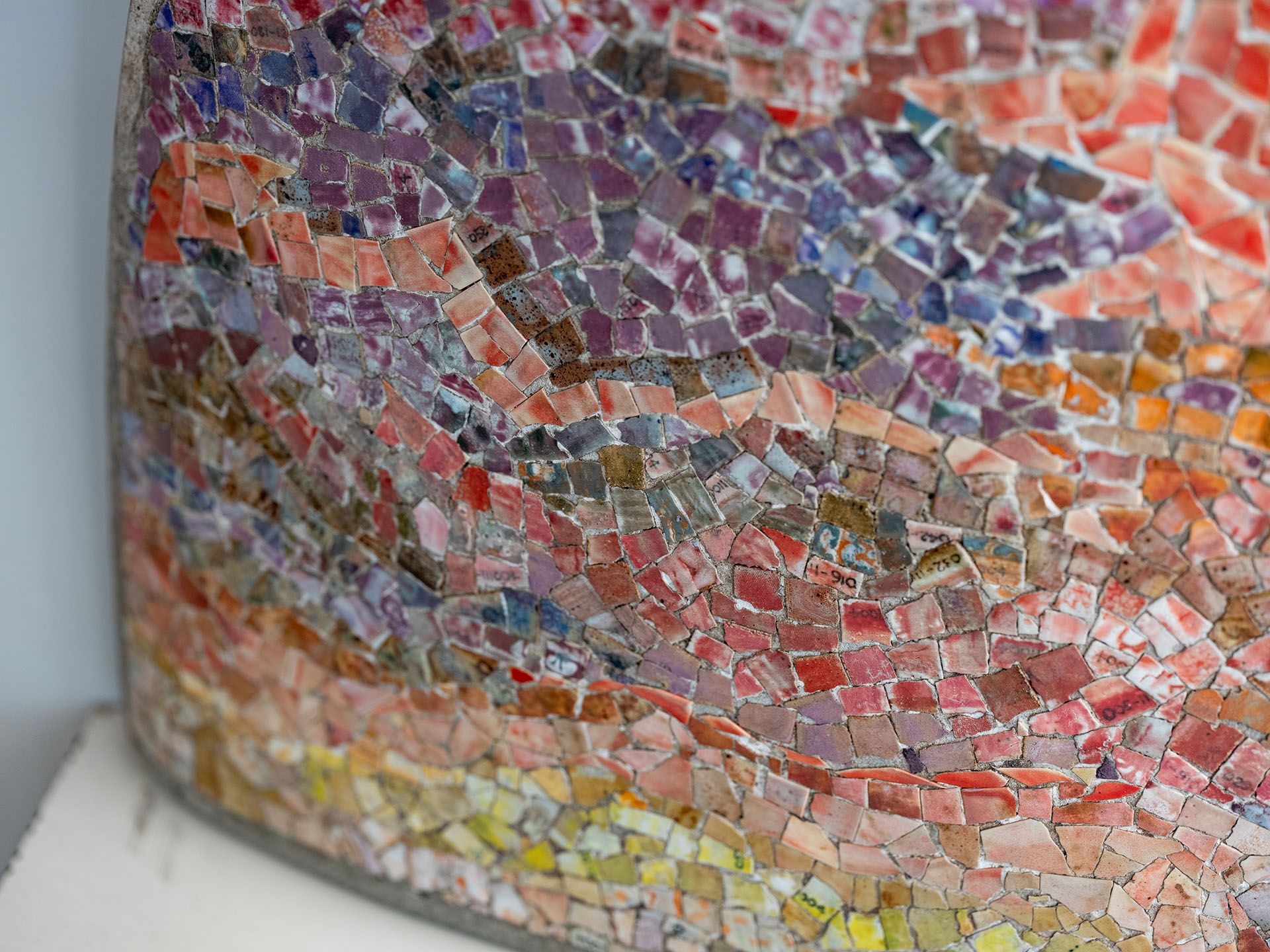 Detailed view of corner of Hourglass sculpture consisting of tiny mosaics