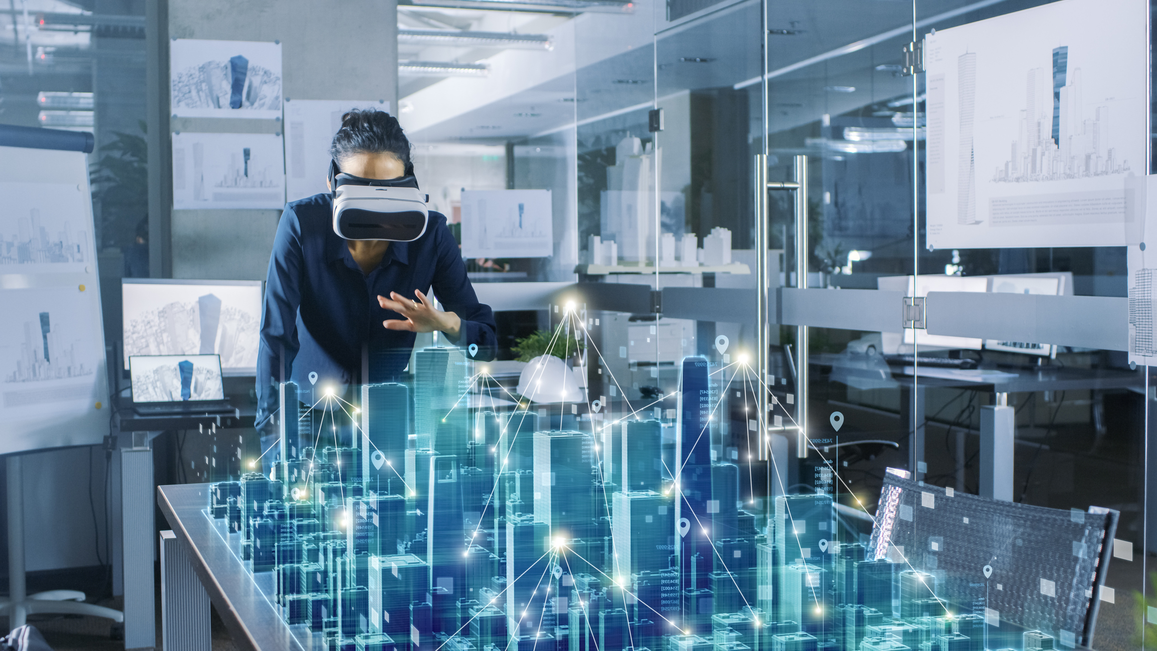 Augmented Reality Headset Work with 3D City Model. High Tech Office Use Virtual Reality Modeling Software Application