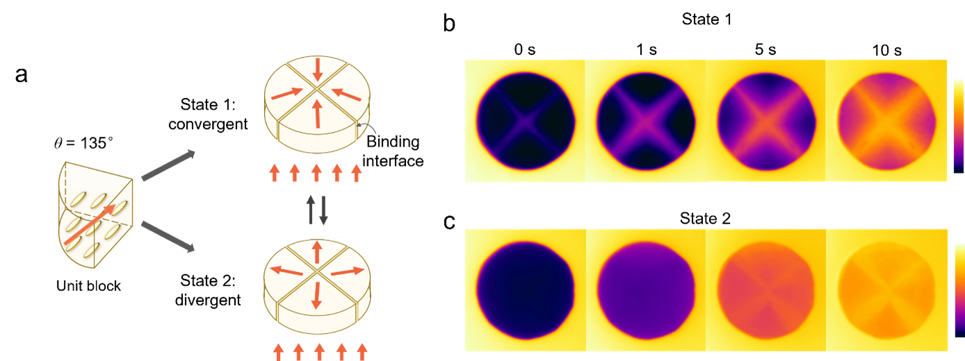 Figure 4: Thermal concentrator and thermal diffuser. a) Schematics showing the design and fabrication of the quartered cylindrical thermal rectification material in its convergent and divergent states. The inclined heat transfer paths following the tilted orientations at 𝜃 = 135° are indicated with red arrows. b) Infrared images of the designed material upon heating in convergent state with focalized heat at the centre. c) Infrared images upon heating in divergent state with uniform heat distribution across the whole surface. 