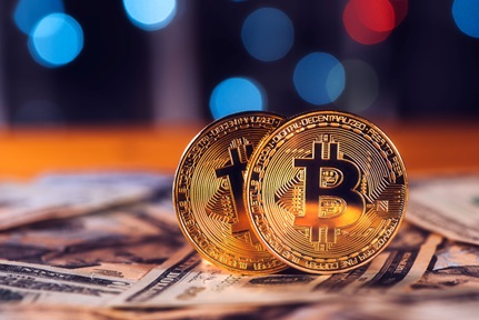 Bitcoins and dollar bills