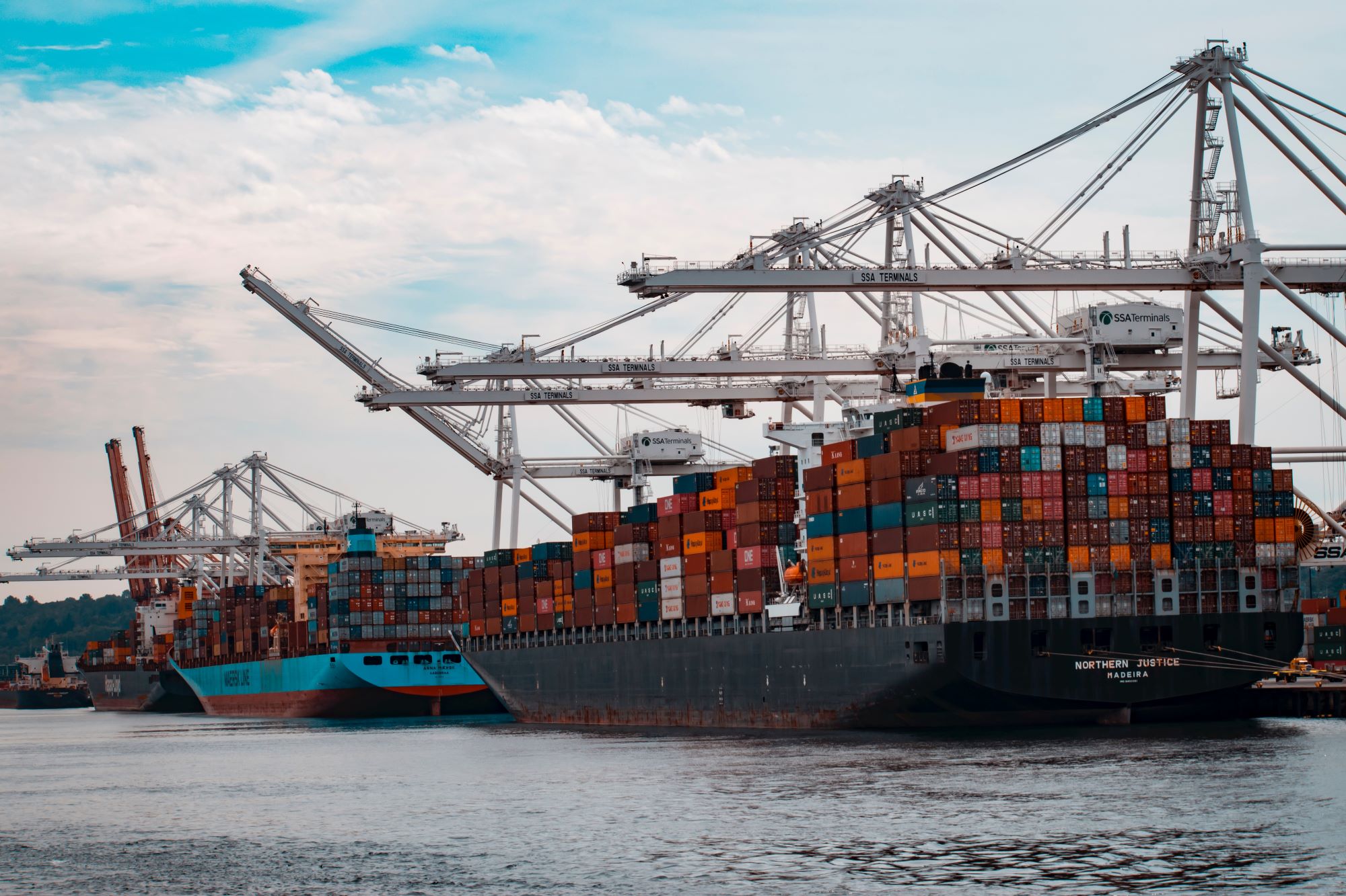 Cargo ships docked at a port.