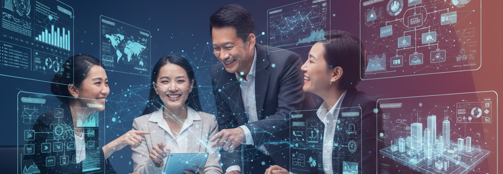 A high-tech business meeting with four professionals collaborating around futuristic displays of data, charts, and a 3D city model, symbolizing enterprise transformation.