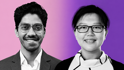 Asst Prof Aditya Nair and Asst Prof Mengmi Zhang against pink and purple backgrounds