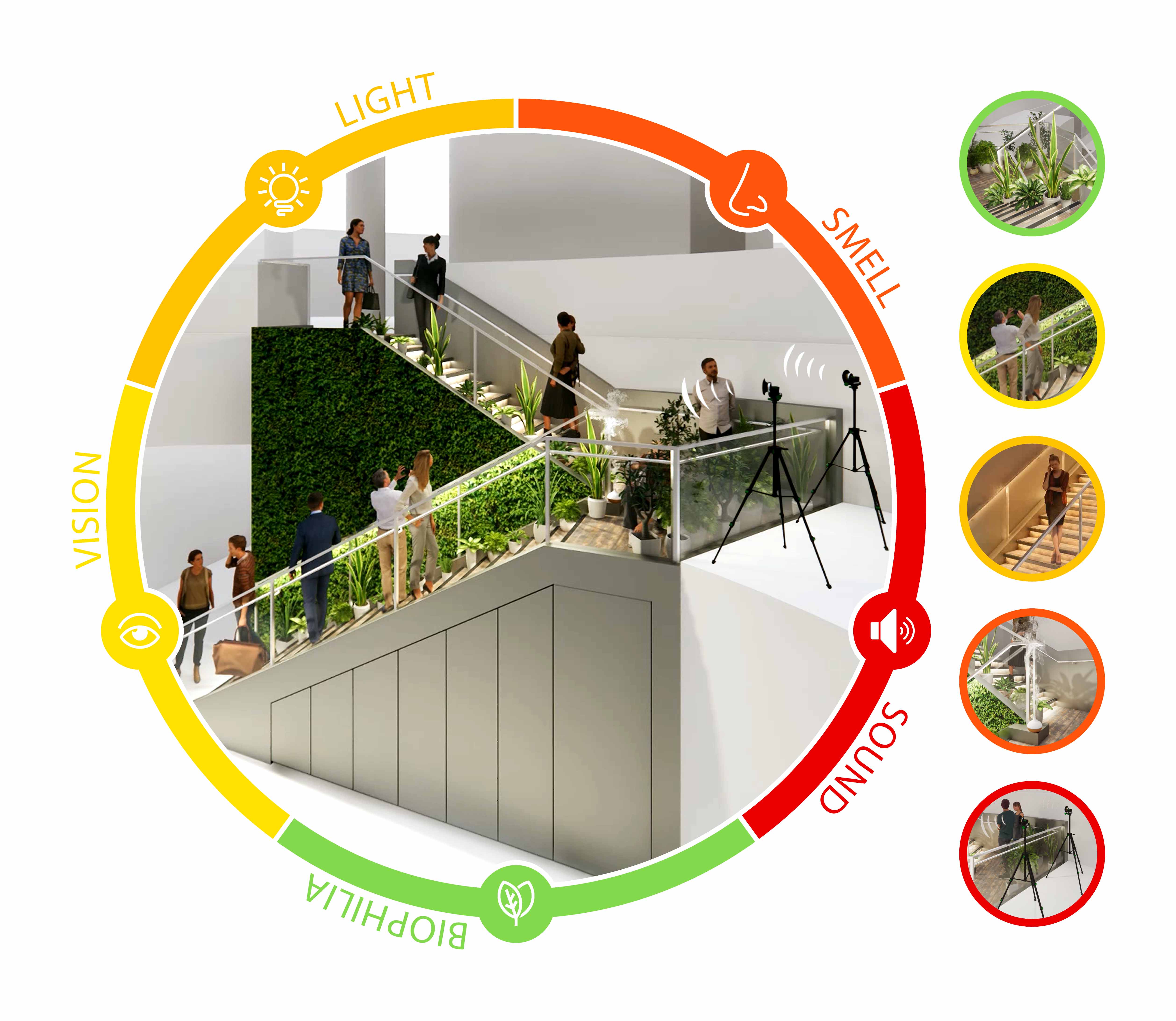Diagram showing how spaces of the future may invigorate our senses and improve our mental wellbeing.