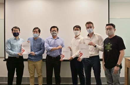Mr Lim Soon Chia, Mr Feng-Yuan Liu, Mr Laurence Liew, Prof Liu Yang, Mr David Berend and Dr Ang Aik Ben at the launch of the standard on AI security
