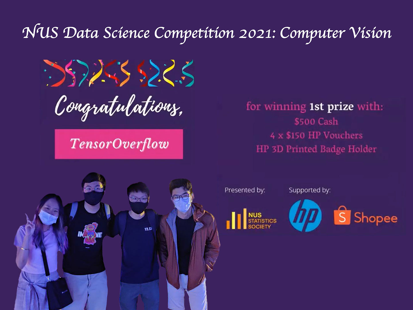 Photo of Vincent Ribli (DSAI, Year 4) with 3 team members participated in NUS Data Science Competition 2021: Computer Vision with a group of friends.