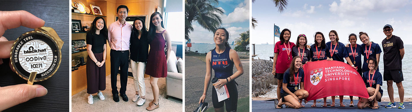 Photo collage of Gia Lim's activities.