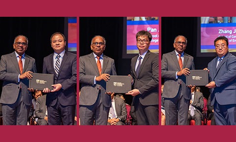 Thumbnail photo of 3 professors receiving certificate from NTU President on stage.
