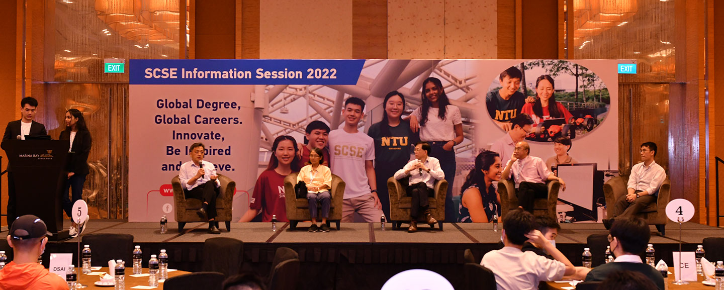 Photo of a panel of SCSE Professors took to the stage to address questions from the audience and on Slido.