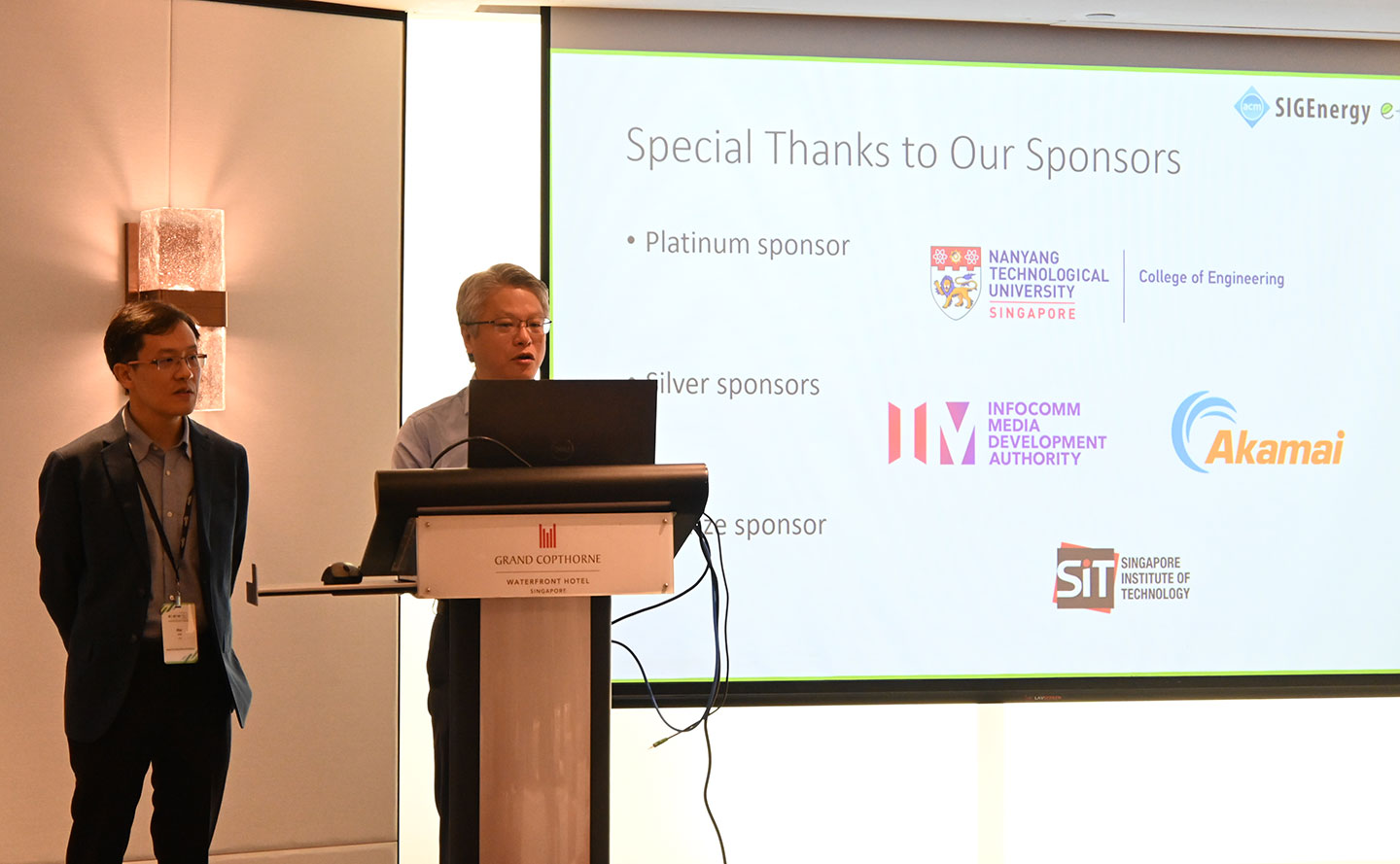 Photo of CCDS Professor express special thanks to the sponsors on stage.