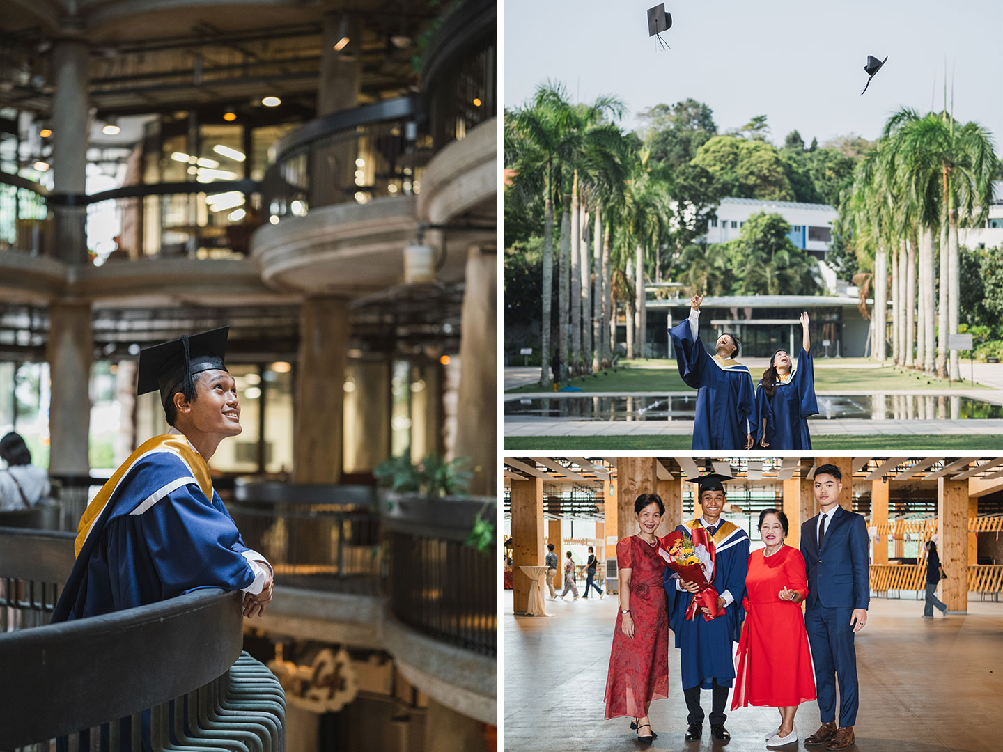 Collage photos of a NTU valedictorian with peer and family.