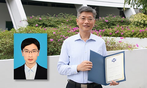 Thumbnail image of a professor holding a conference awarded certificate with an inset photo of researcher on the left.