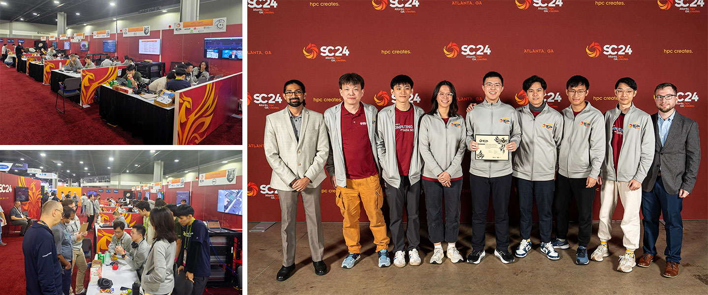 3-in-1 photo, two view at the booths and another one is team NTU taking photo infront of SC24's backdrop.
